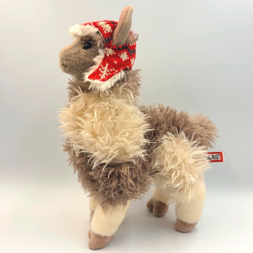 Douglas Cuddle Toys Zephyr Llama Plush 11in Shaggy Alpaca Red Hat Long Lashes